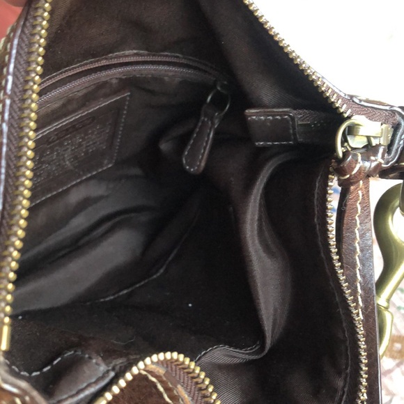 COACH Brown Leather & Signature Print Crossbody or Shoulder Bag, Brass Accents - Picture 11 of 13